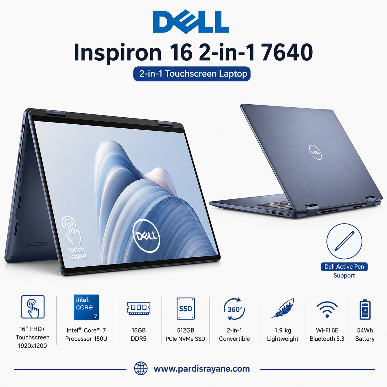لپ تاپ Dell Inspiron 16 7640 2-in-1 Business Laptop